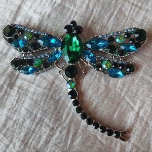 Rhinestone Oversized Huge Dragonfly Brooch Pendant Emerald Green Aqua Silver NEW